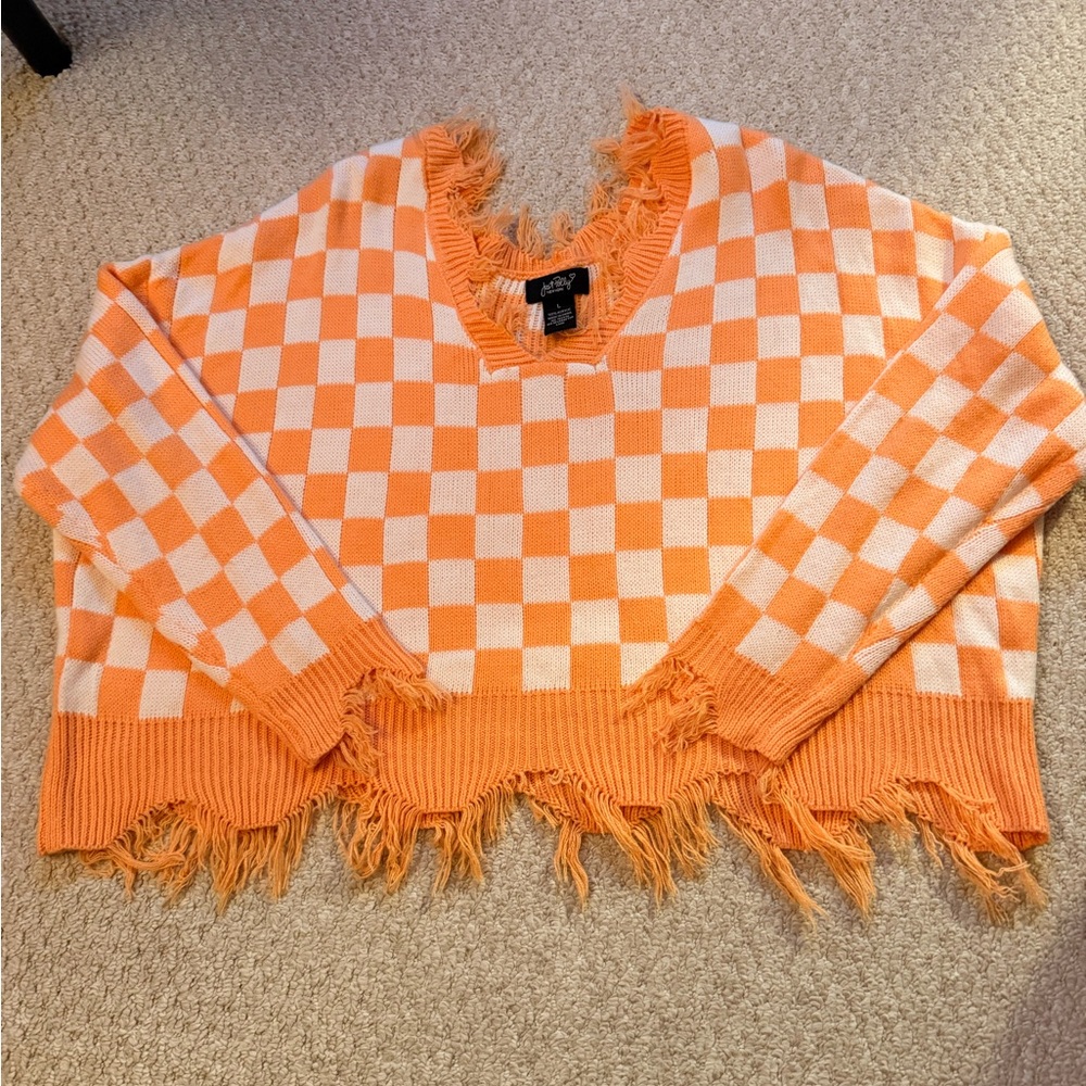 Checkerboard Distressed Orange & White Sweater